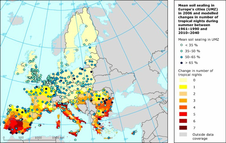 Figure 5: Degree of mean soil sealing in Europe's cities