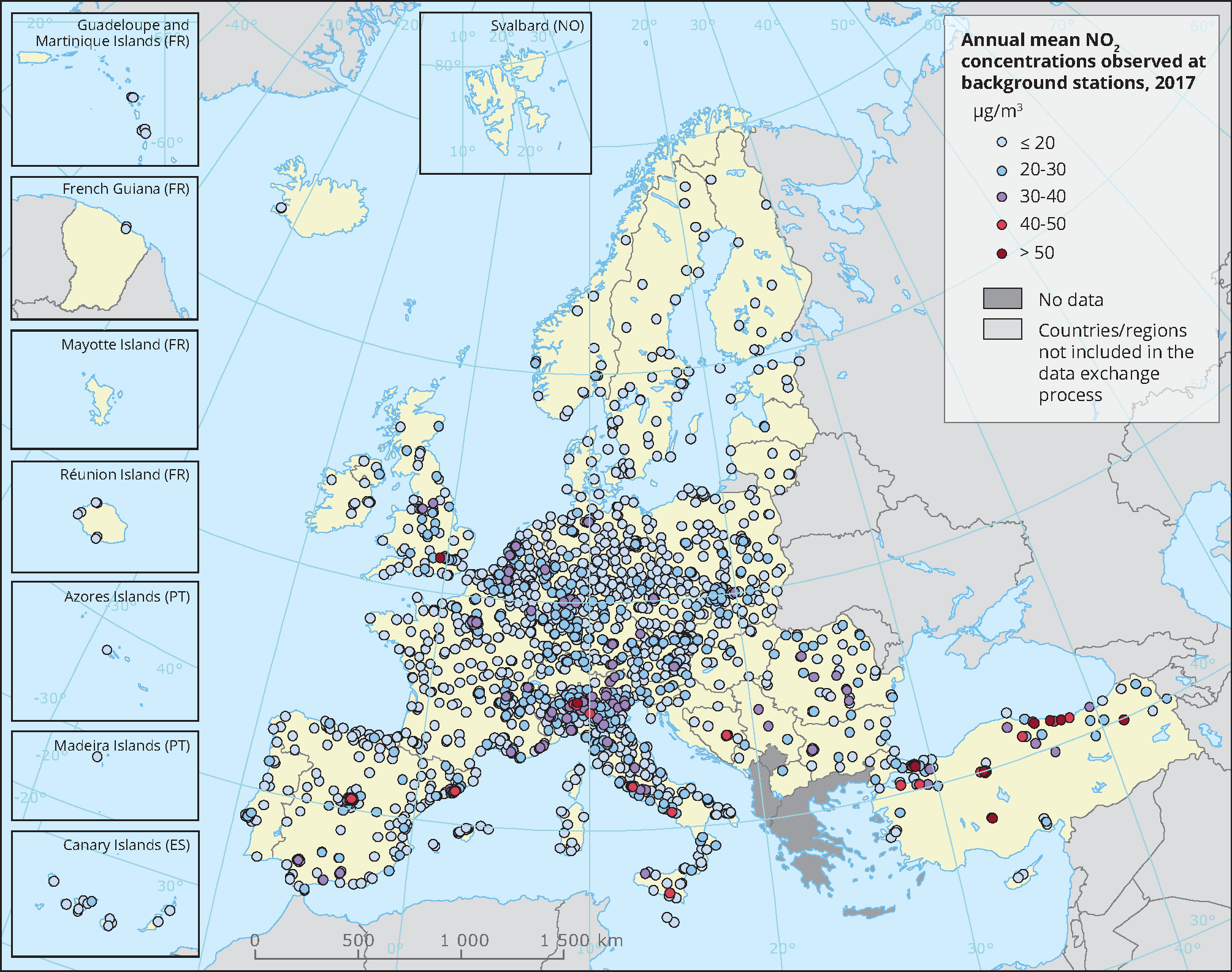 Annual mean NO2 concentrations observed at background stations, 2017