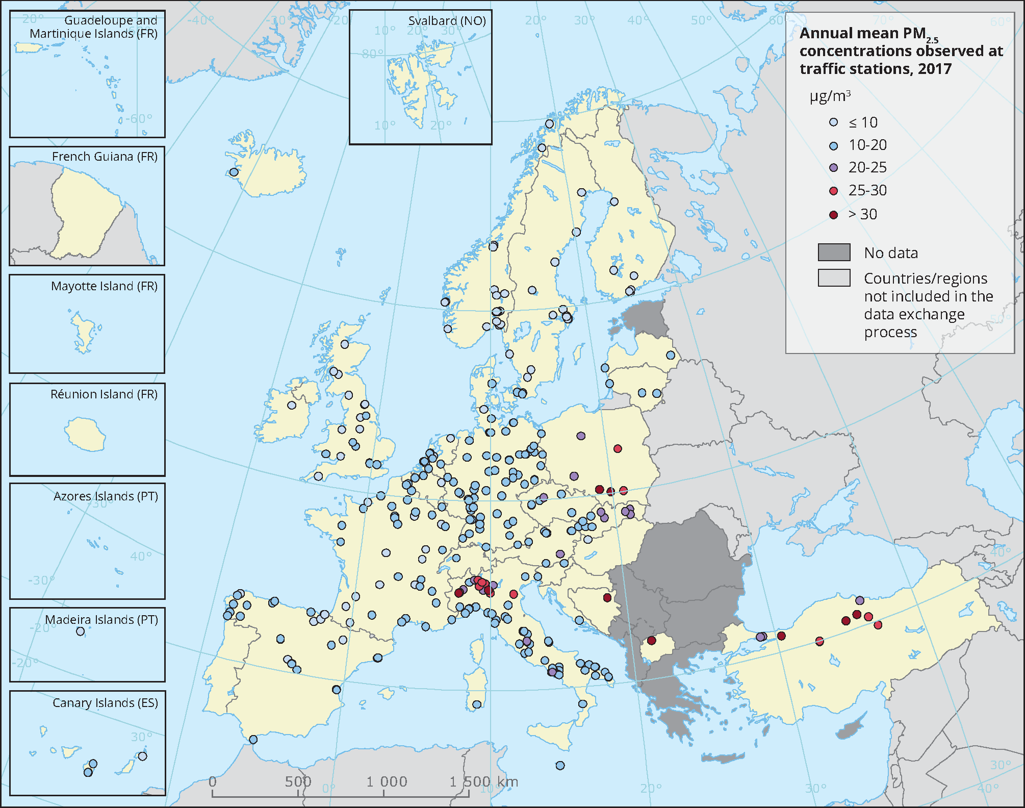 Annual mean PM2.5 concentrations observed at traffic stations, 2017