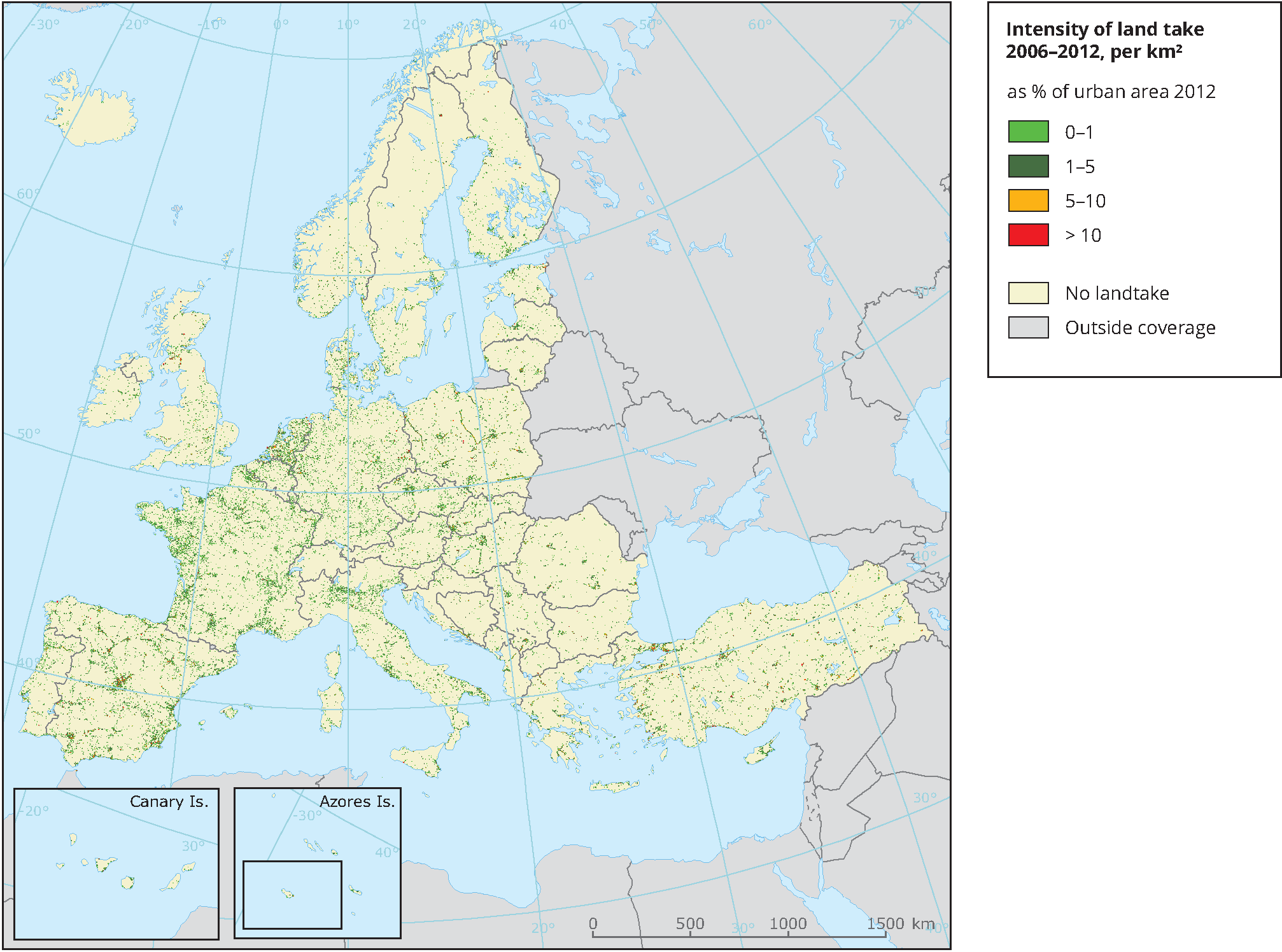 Intensity of land take 2006-2012, per km²