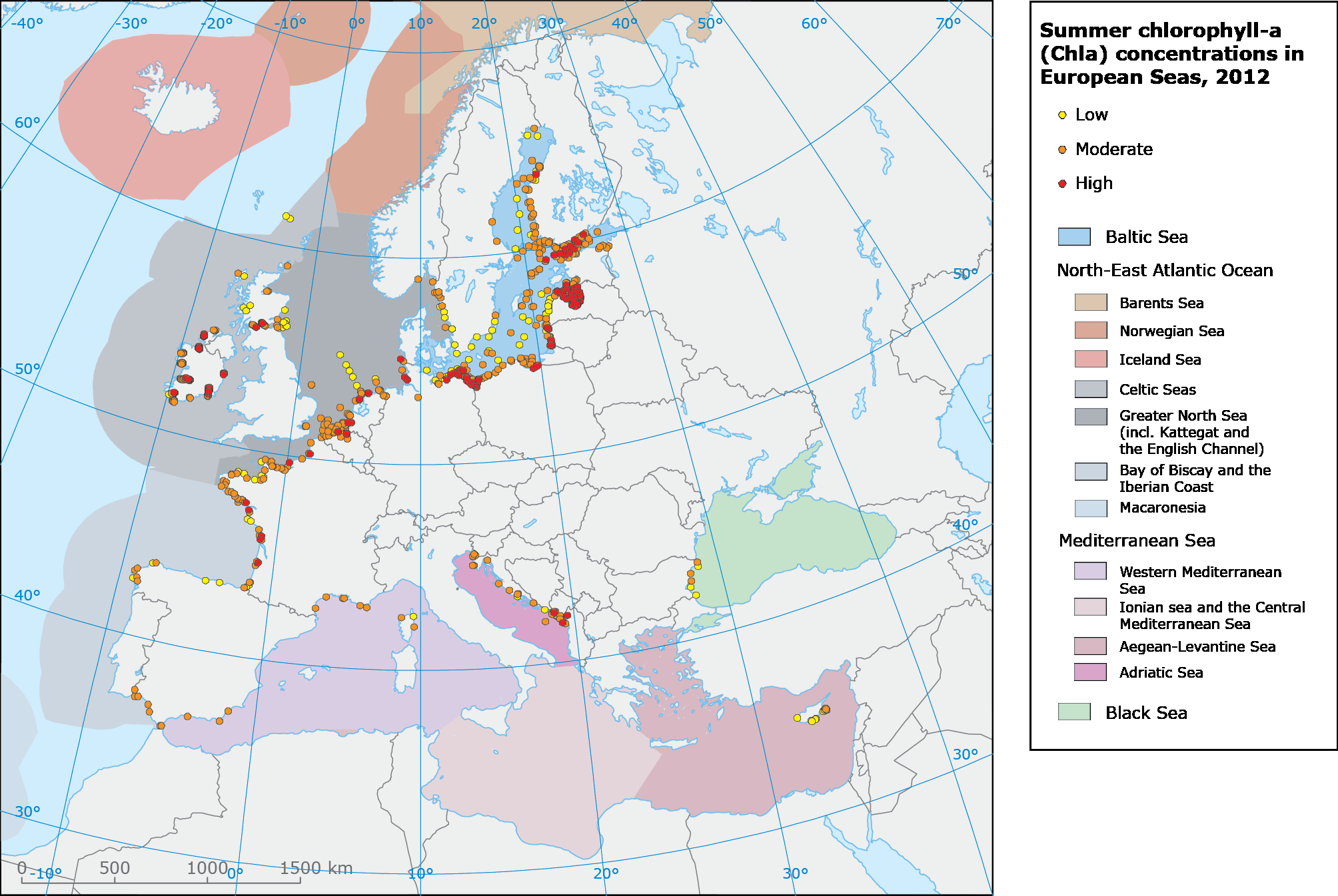 Chlorophyll-a concentrations in European seas 