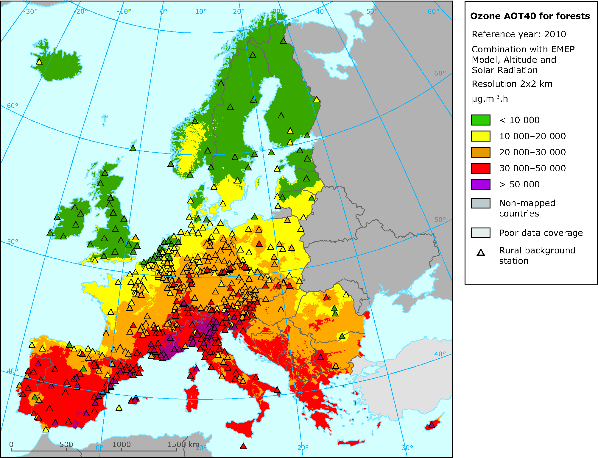 Rural concentration map of the ozone indicator AOT40 for forest in 2010