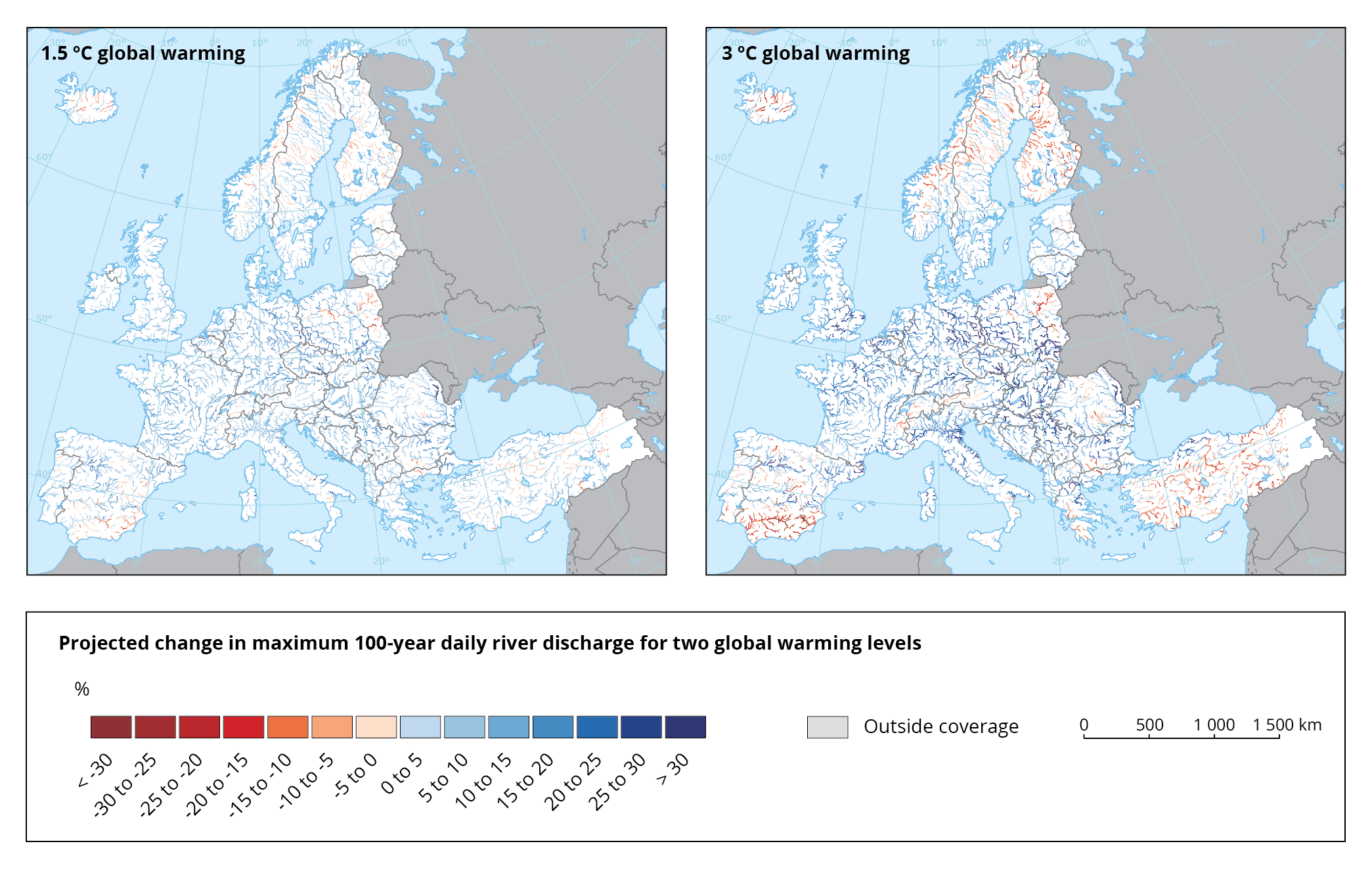 Projected change in maximum 100-year daily river discharge for two global warming levels