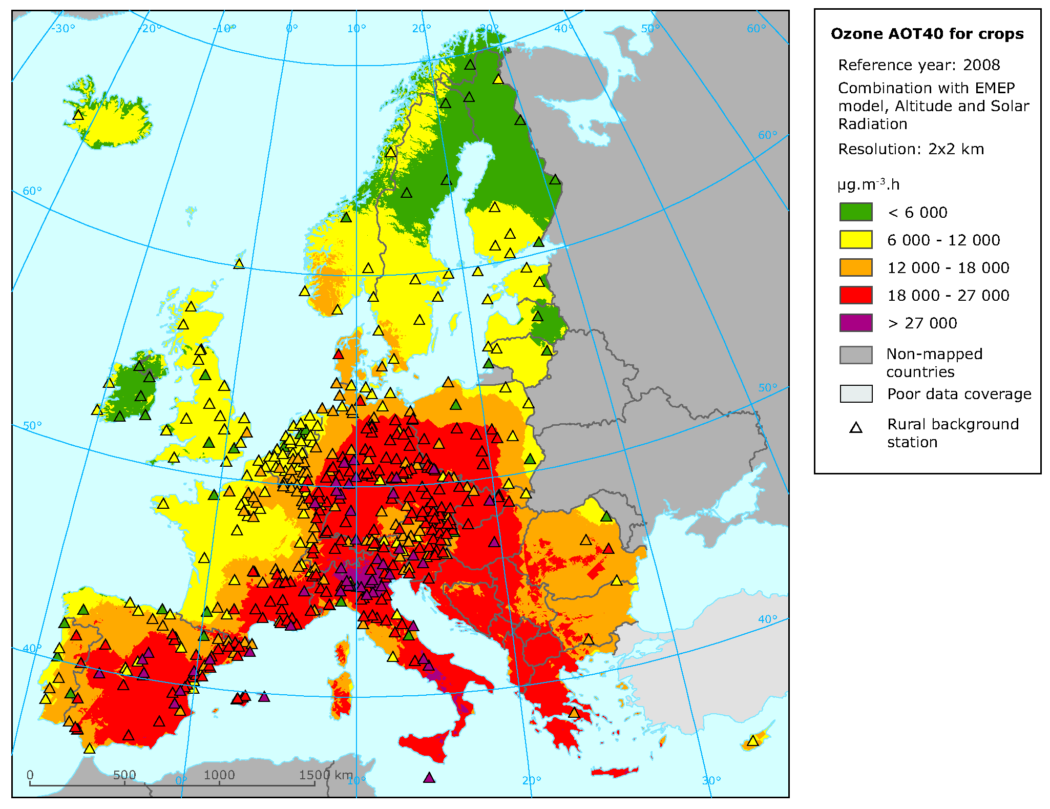 Rural concentration map of the ozone indicator AOT40 for crops, year 2008