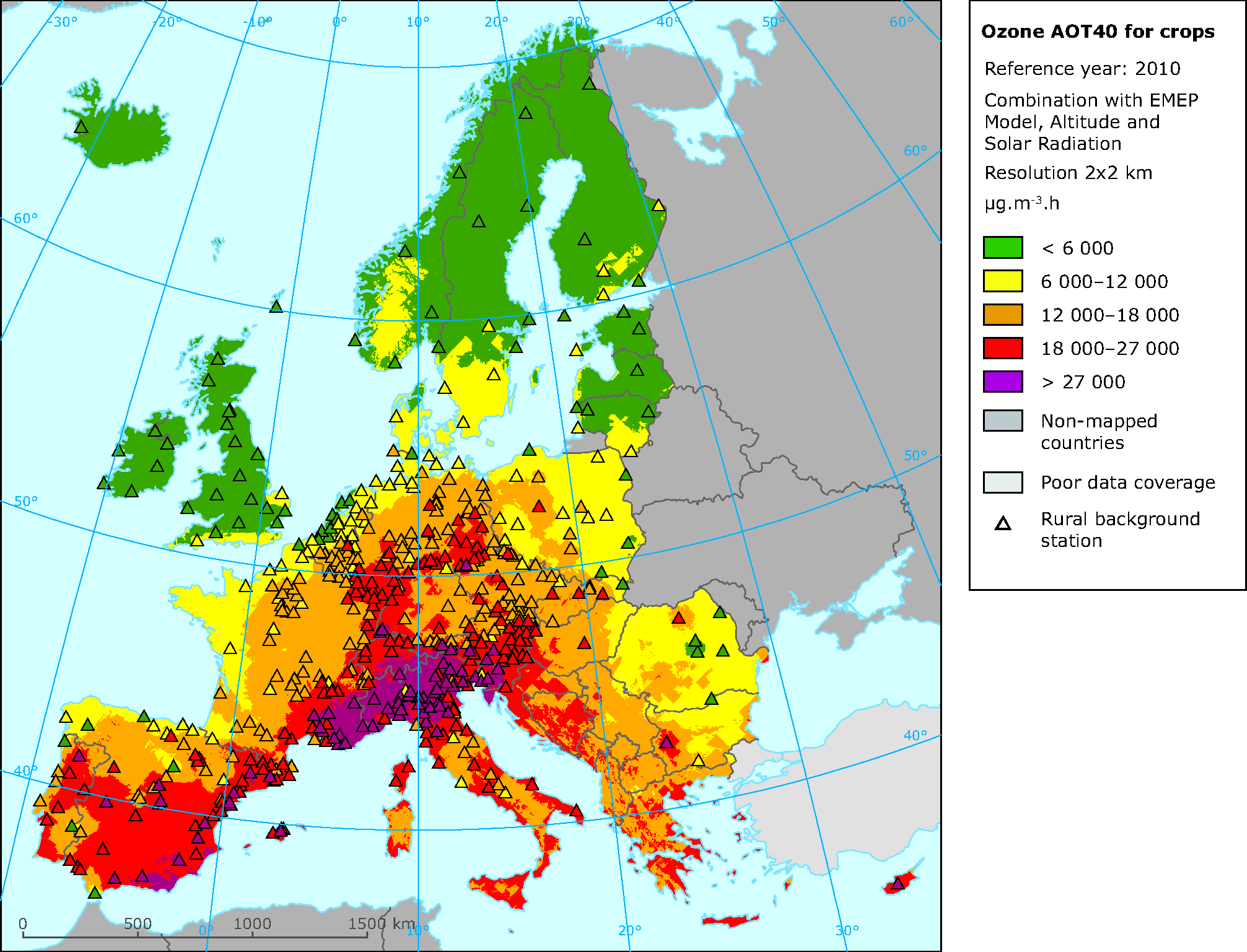 Rural concentration map of the ozone indicator AOT40 for crops, year 2010