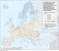 SOLUTIONS project output simulating the impact of chemical mixtures on a potentially affected fraction of species (msPAF) and highlighting regions where there could be significant chemical pollution pressure on freshwater species