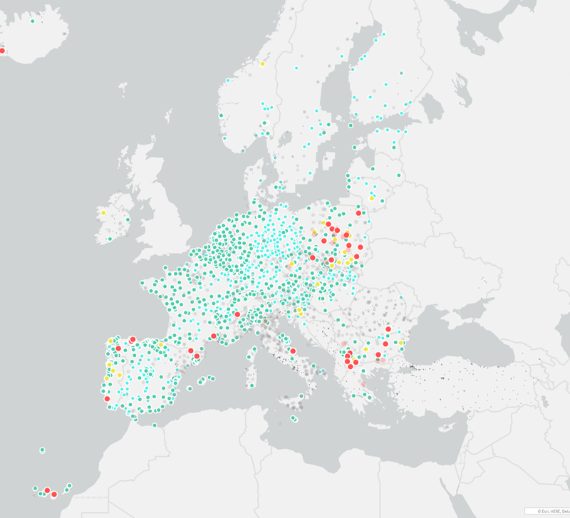 Image of the map of Europe with coloured indicators of air quality in the EU member states.