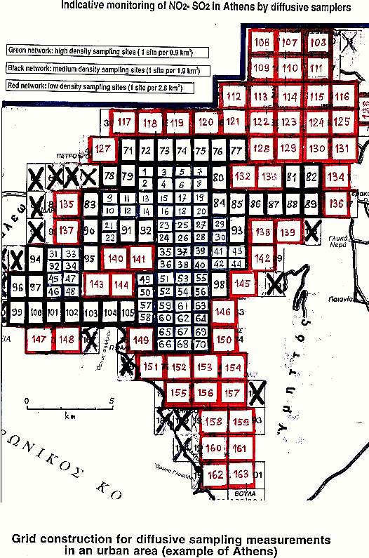 Fig.2 Grid construction for diffusive sampling measurements in an urban area (example of Athens) 