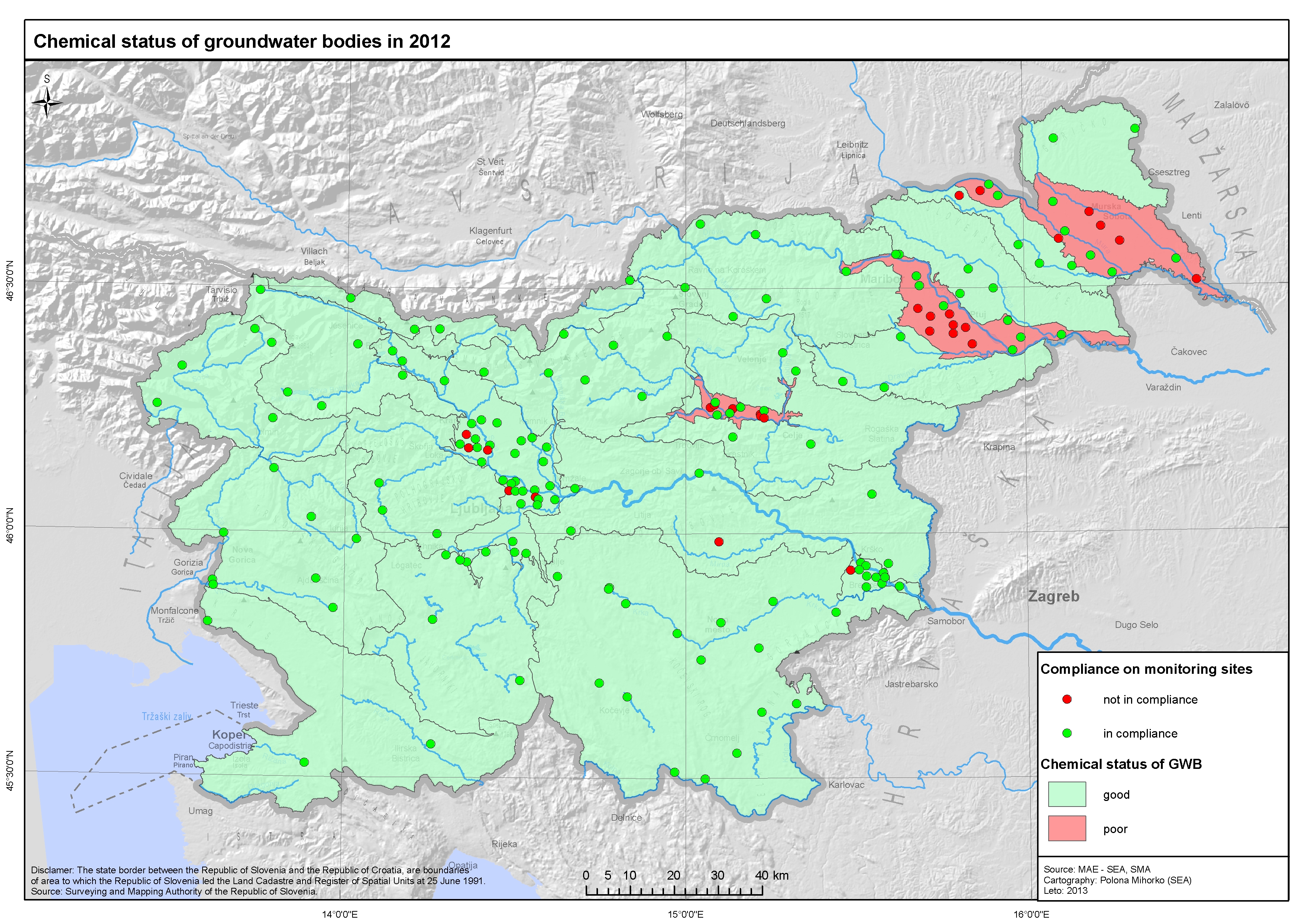 Chemical status of groundwater bodies in 2012; Source: Water Quality Monitoring Database, Environment Agency of the Republic of Slovenia, 2013